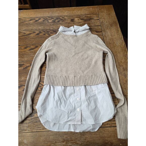 Veronica Beard mixed media Collared white shirt&tan wool blend sweater sz XS - Picture 1 of 4